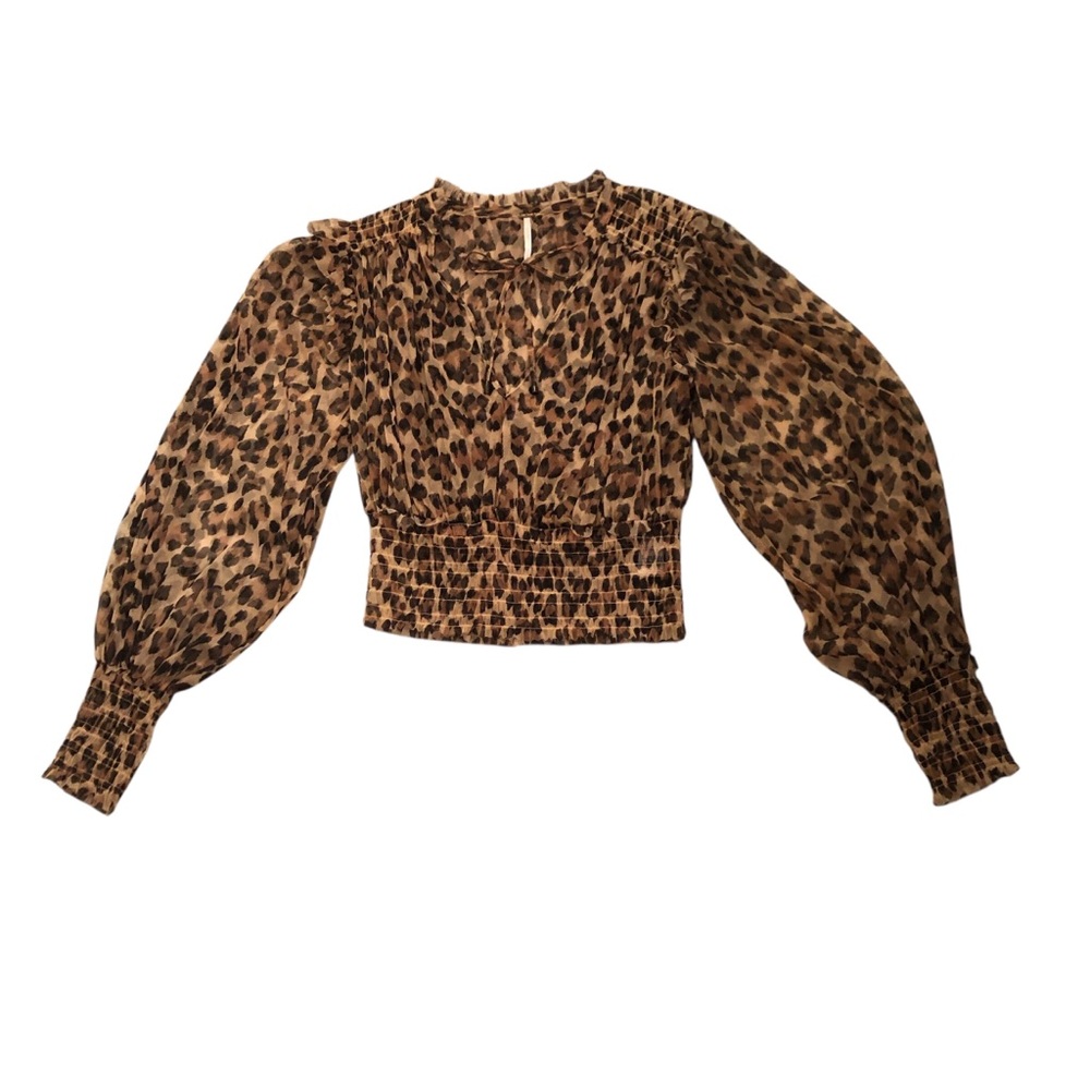 Free People Sheer Leopard Print Top with Ruffle Details Size S